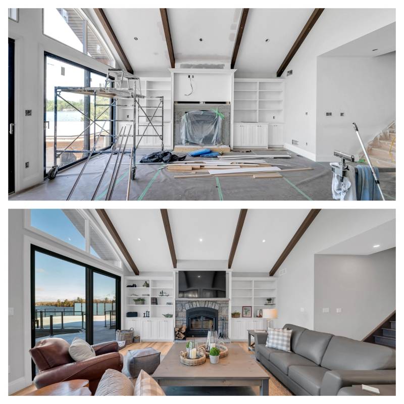 A split photo of two different rooms with one being the living room and another is the dining room.