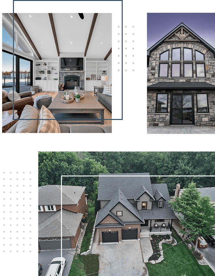 A collage of pictures with different houses/homes and trees.