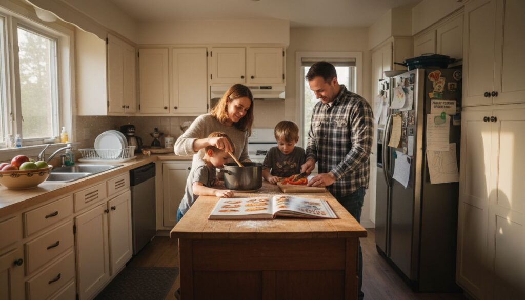 Family cooking together in lived-in kitchen