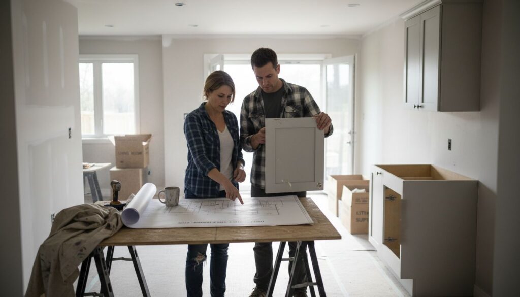 Homeowners planning kitchen and living room renovation