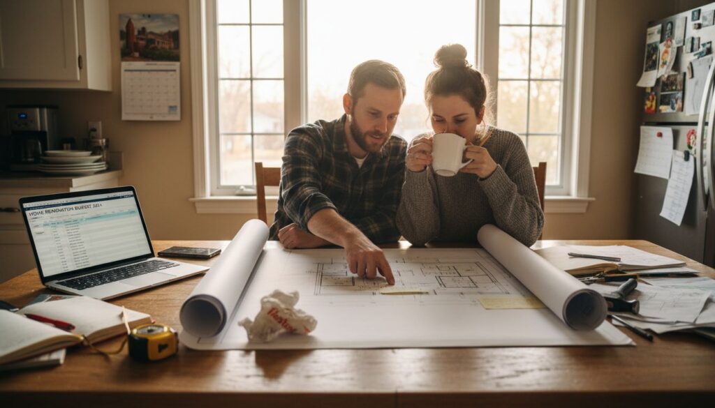 Homeowners planning renovation with blueprints in kitchen