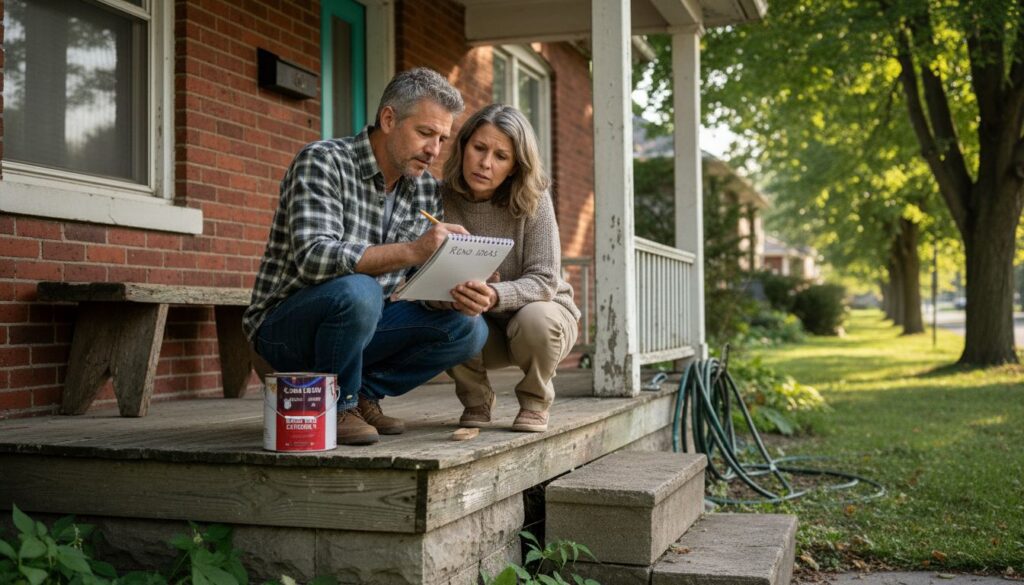 Couple reviewing home renovation ideas outside Ontario house