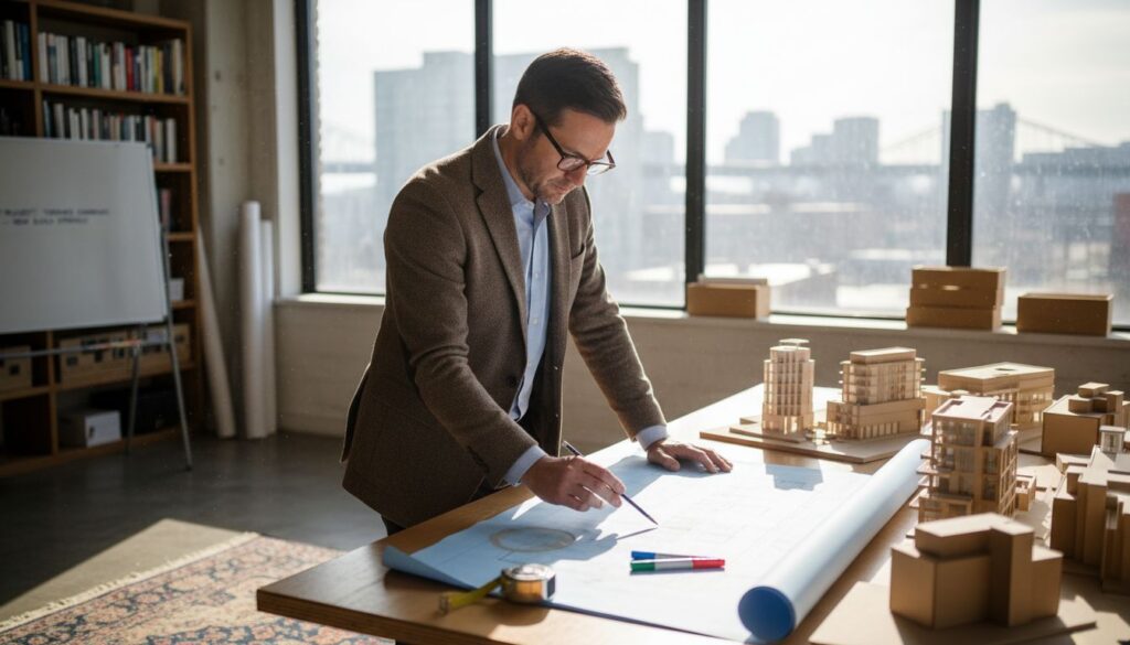 Architect reviewing home plans in bright studio