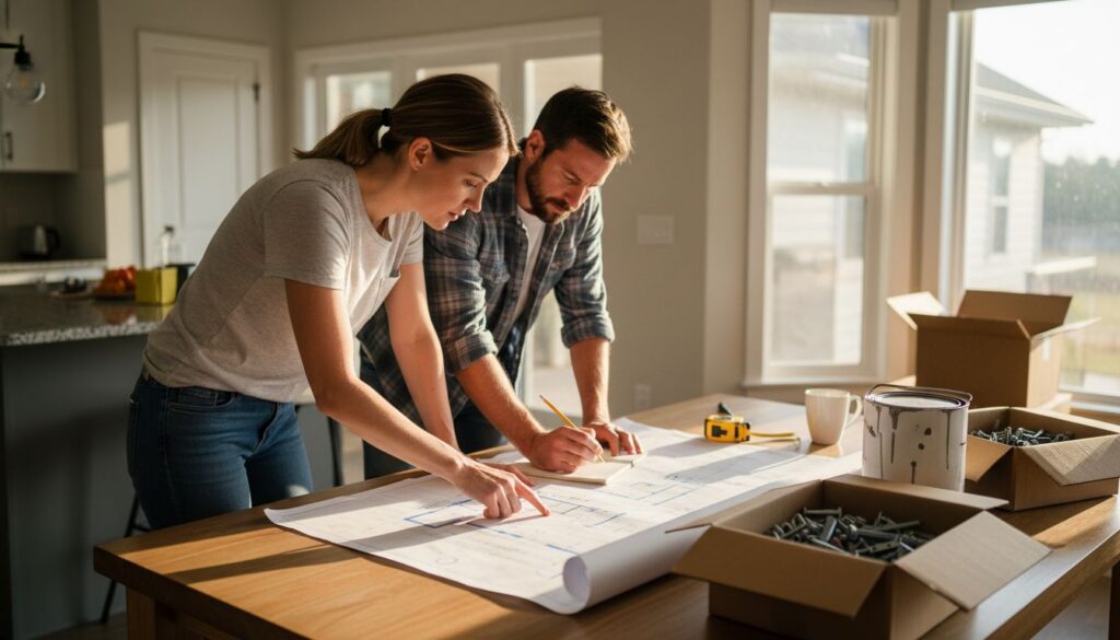 Ontario homeowners reviewing renovation blueprints at table