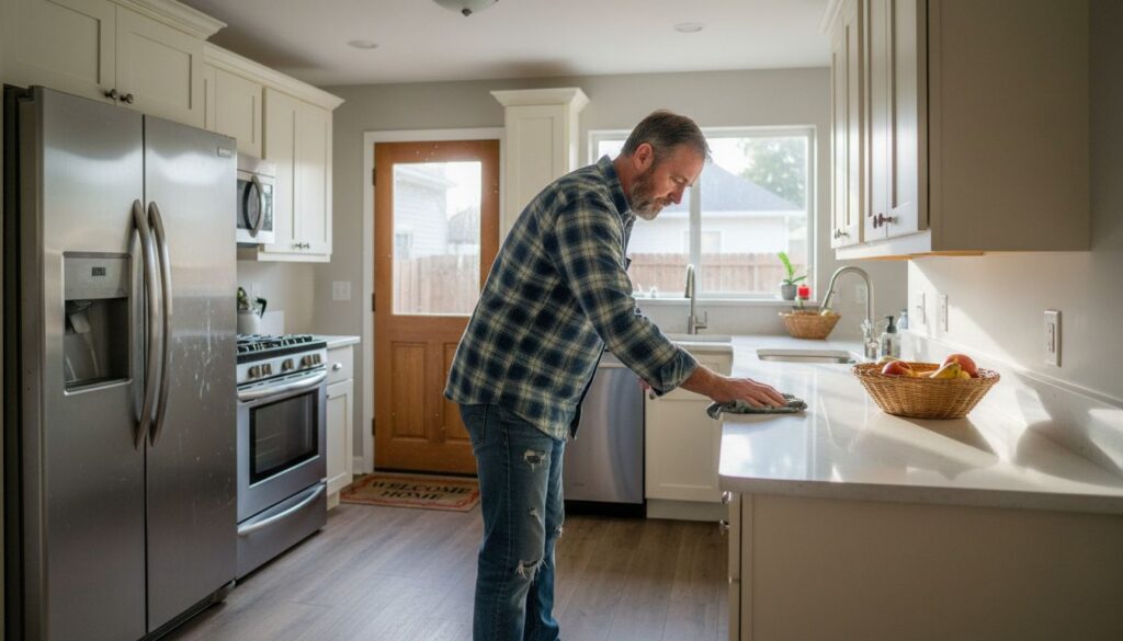 Homeowner prepping modern kitchen for open house