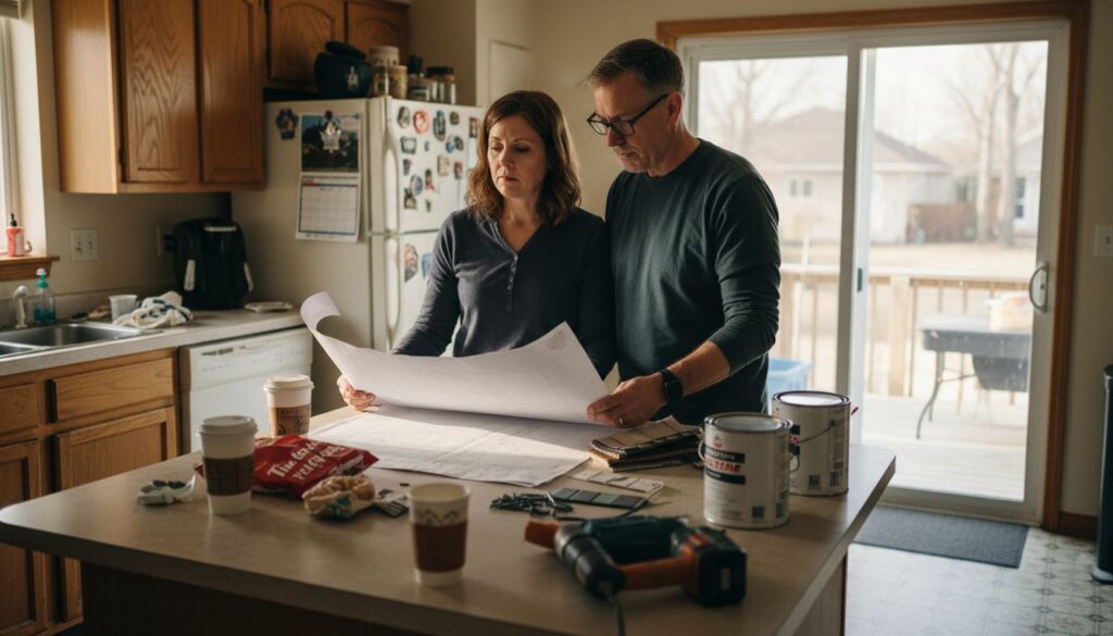 Homeowners planning kitchen remodel at kitchen island