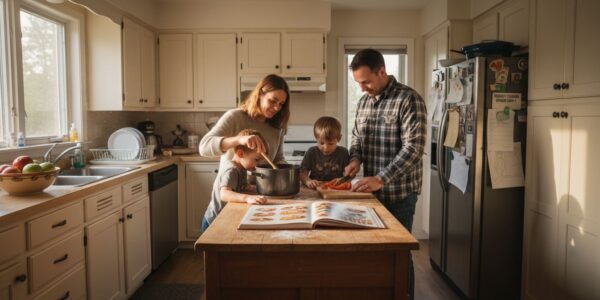Family cooking together in lived-in kitchen