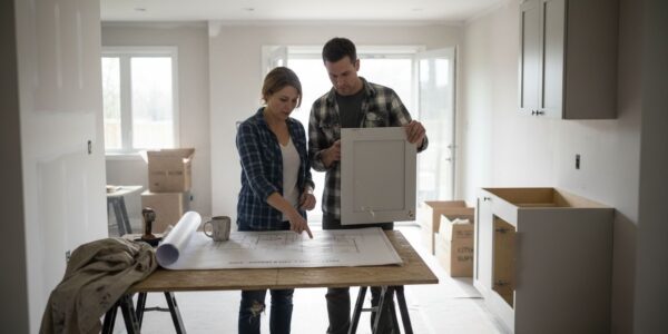 Homeowners planning kitchen and living room renovation