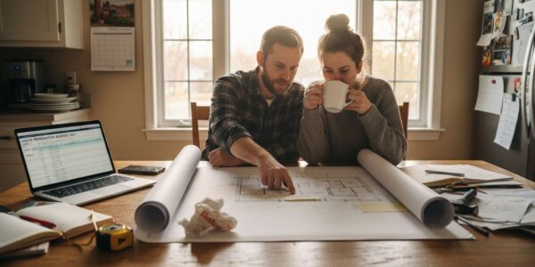 Homeowners planning renovation with blueprints in kitchen