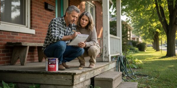 Couple reviewing home renovation ideas outside Ontario house