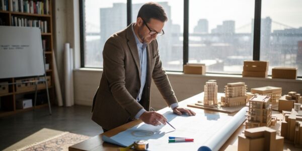 Architect reviewing home plans in bright studio