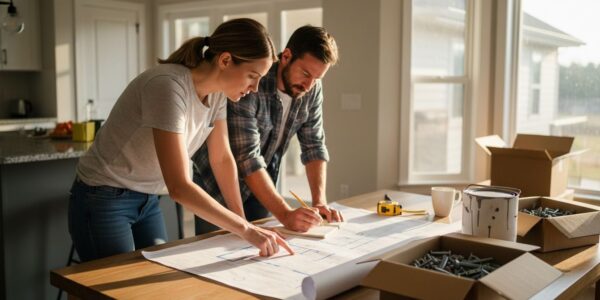 Ontario homeowners reviewing renovation blueprints at table