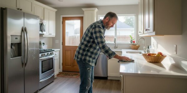 Homeowner prepping modern kitchen for open house