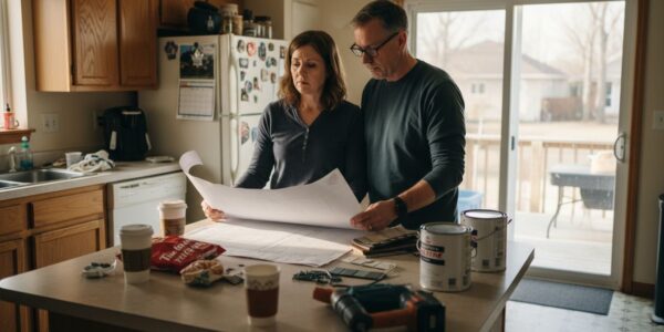 Homeowners planning kitchen remodel at kitchen island
